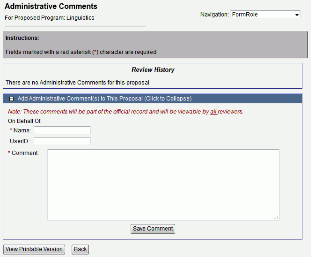 The Administrative Comments screen contains a name field, user I D field, comment field, and Save button.