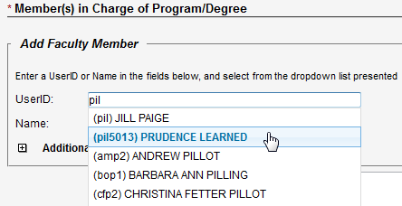 Screen capture of Add Faculty Member portion of screen in which entering part of a user I D displays a list of people from whom to select.