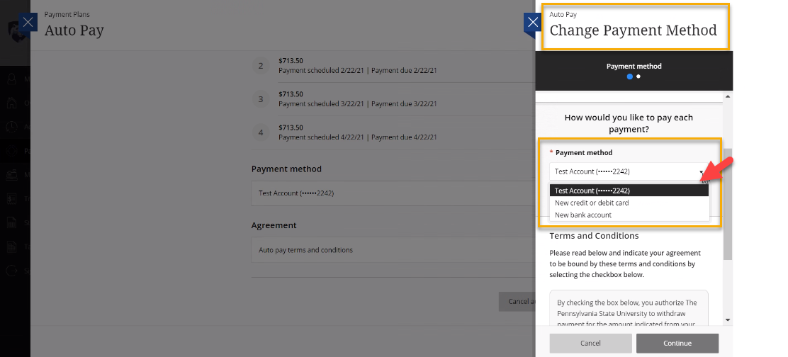 Screenshot of Change Payment Method page