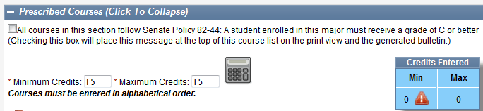 Screen capture of Prescribed courses Minimum Credits and Maximum Credits fields.