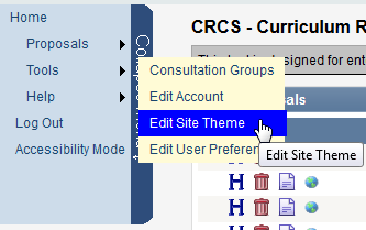Screen capture of pop-up Tools menu with Edit Site Theme selected.