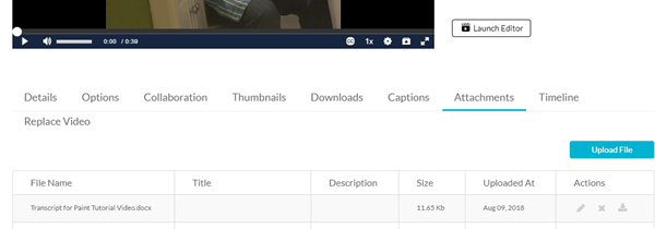 The Attachments tab for a media file. 