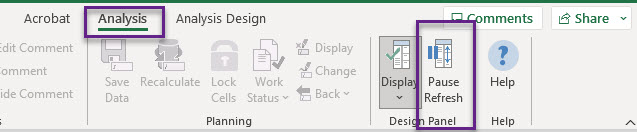 screenshot of the Analysis ribbon with the Pause button highlighted