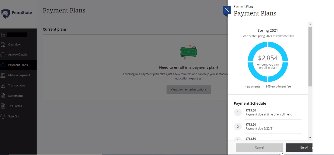 Screenshot of Installment Payment Plans