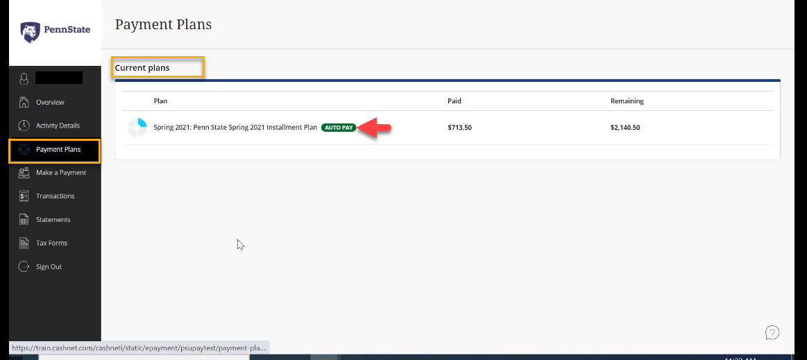 Screenshot of Payment Plans page showing current plan(s)