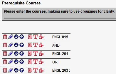 Screen capture of example of grouped prerequisite courses on Additional Course Information screen.