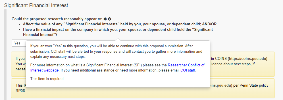 Significant Financial Interest section shown with help text activated.