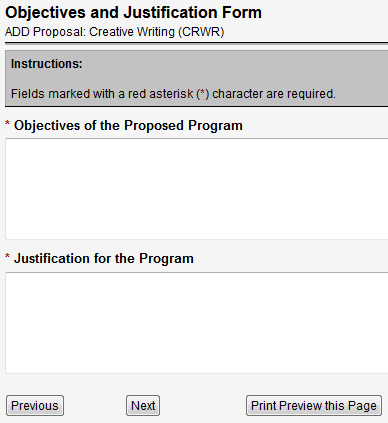Screen capture of Objectives and Justification Form.