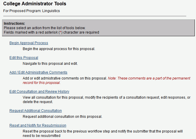 College Administrator Tools Menu. Each menu choice is annotated.