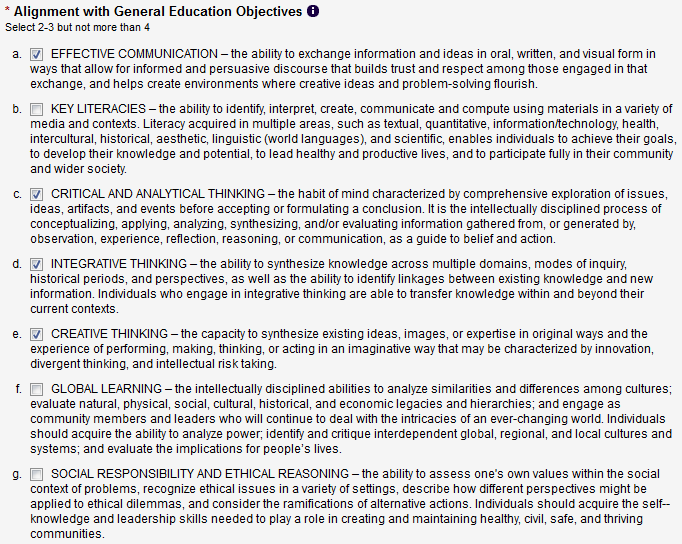 Screen capture of Alignment with General Education Objectives section.