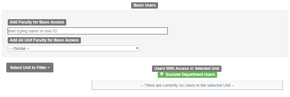 Menu screen to add basic access for users for the college. 