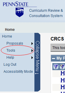 Screen capture of navigation menu with Tools link indicated.
