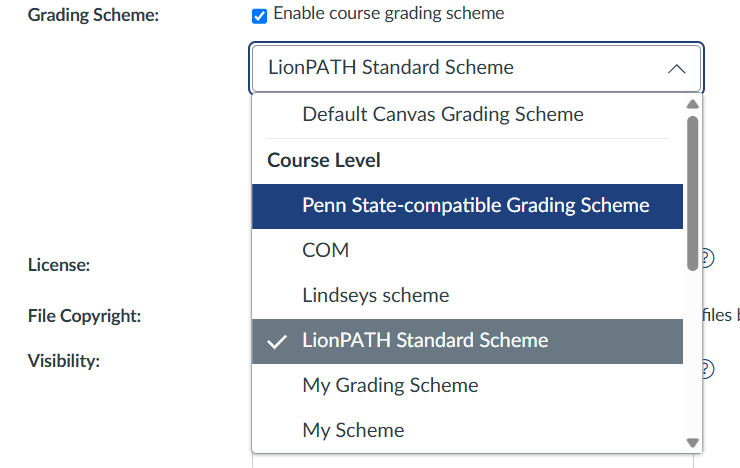 Grading scheme dropdown menu.