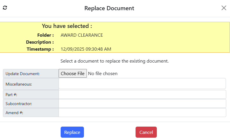 View of the Replace Document pop-up in the Document Manager.