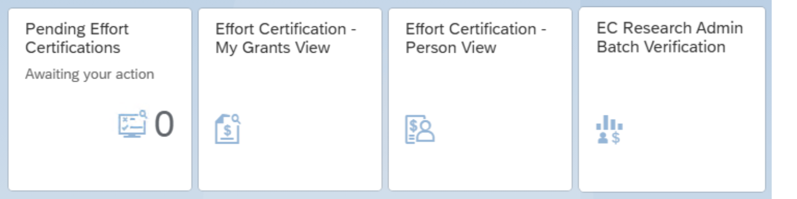 Figure 2. Effort Certification tiles that support search.
