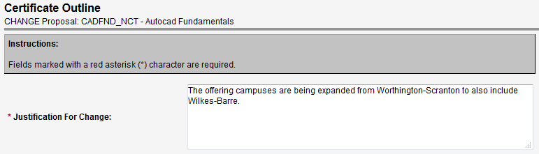 Screen capture of Justification For Change text area.