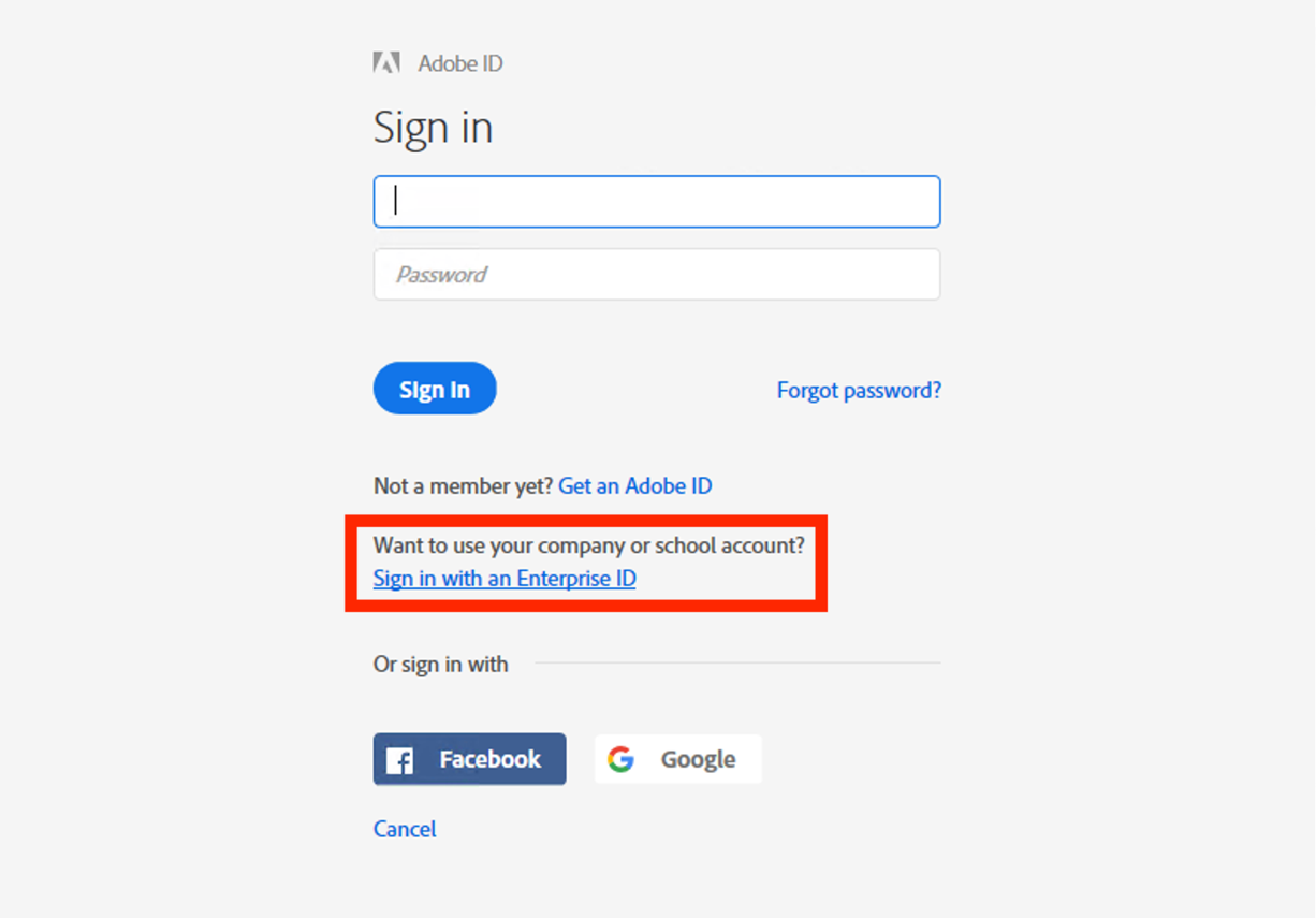 Sign in screen for Adobe with a red box around: Want to use your company or school account? Sign-in with an Enterprise ID