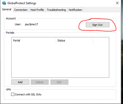  Global Protect Settings screen with Sign out option circled