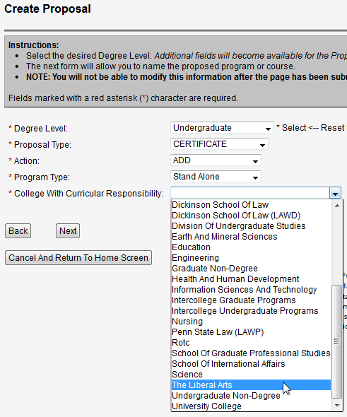 Screen capture of Create Proposal screen with undergraduate, non-credit certificate, add, stand alone, and liberal arts selected.