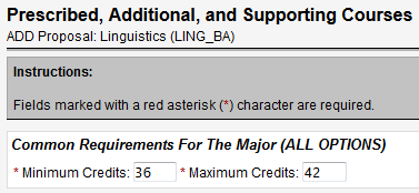 Screen capture of Common Requirements For the Major section of Prescribed, Additional, and Supporting Courses screen.