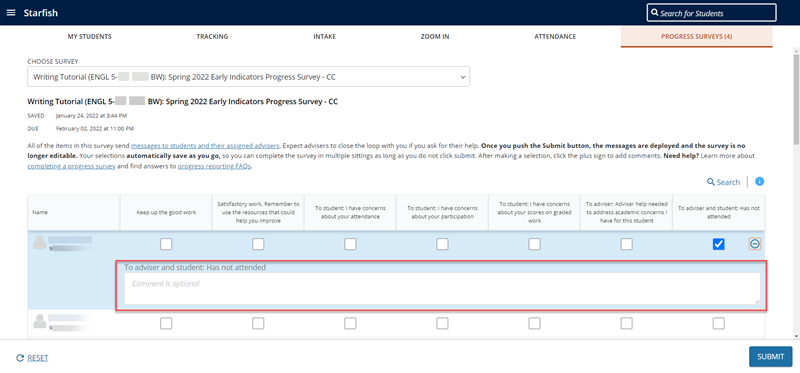 Starfish progress survey with additional comments highlighted