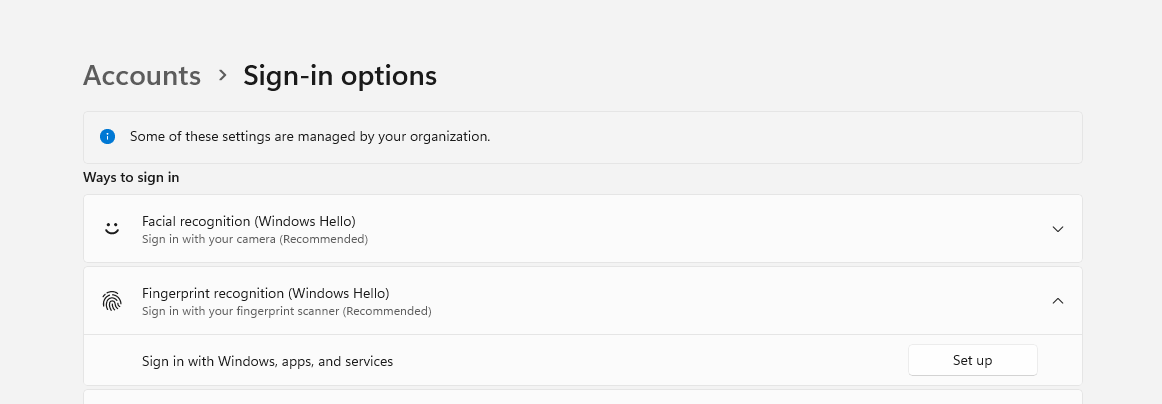 FingerPrint Setup Sign-In Options
