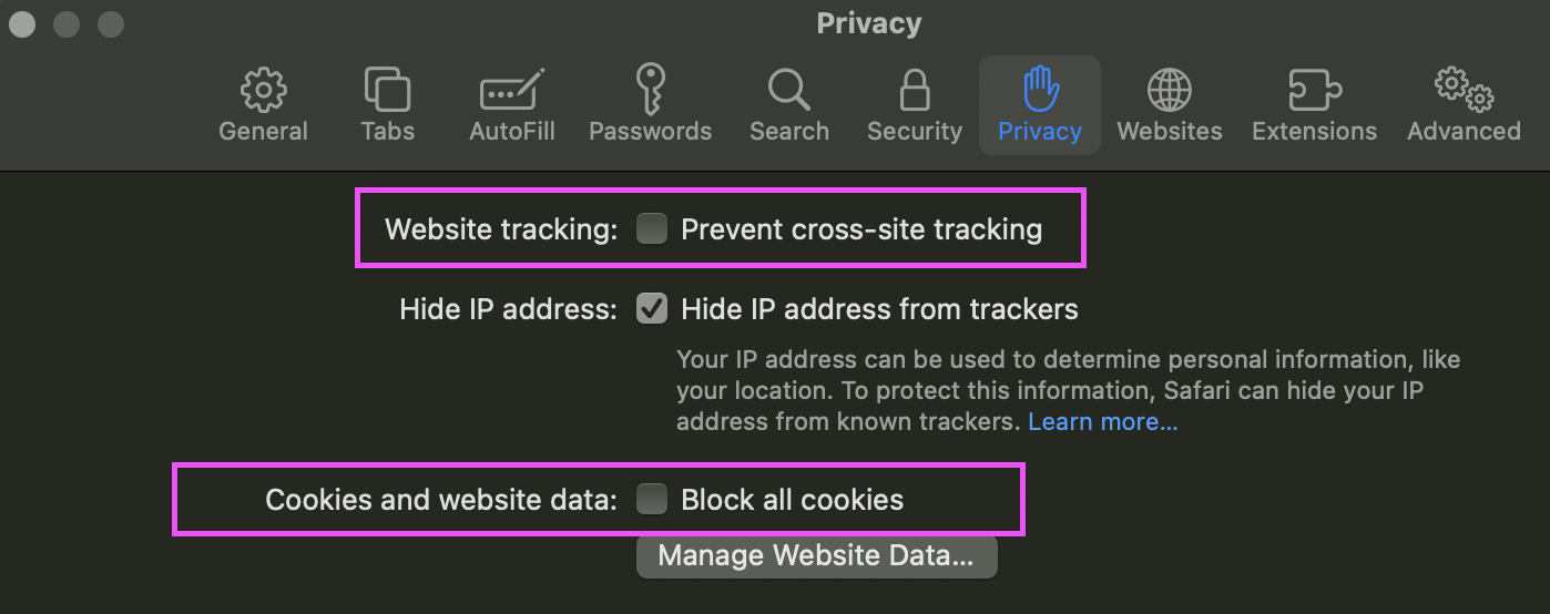 uncheck cross site tracking and block cookies in Safari