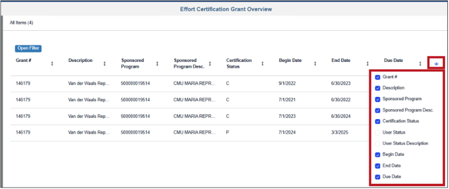 Figure 10. Effort Certification Grant Overview show/hide columns.