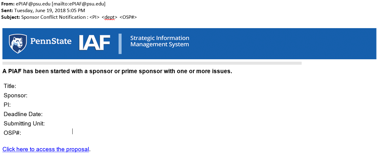 The example email states: "A PIAF has been started with a sponsor or prime sponsor with one or more issues."
