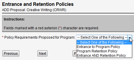 Screen capture of Entrance and Retention Policies screen with Policy Requirements Proposed for Program pull-down menu.