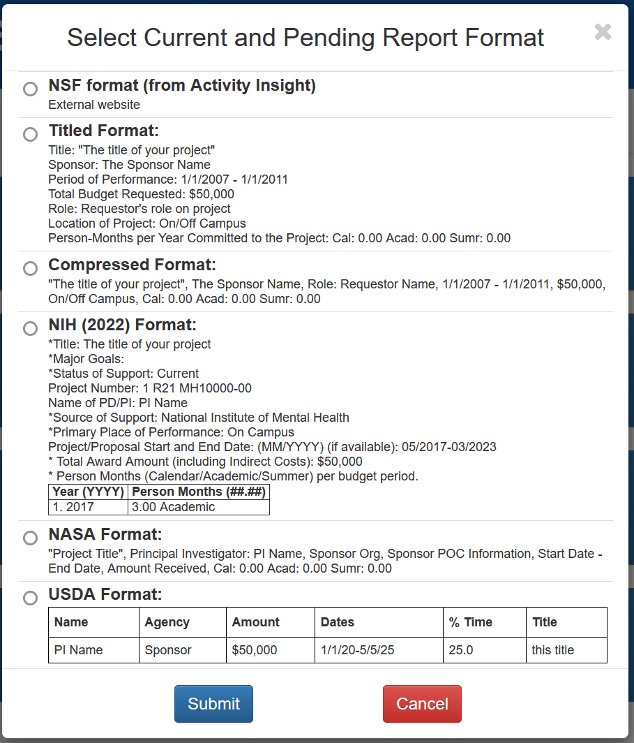 Screenshot of Current & Pending Report