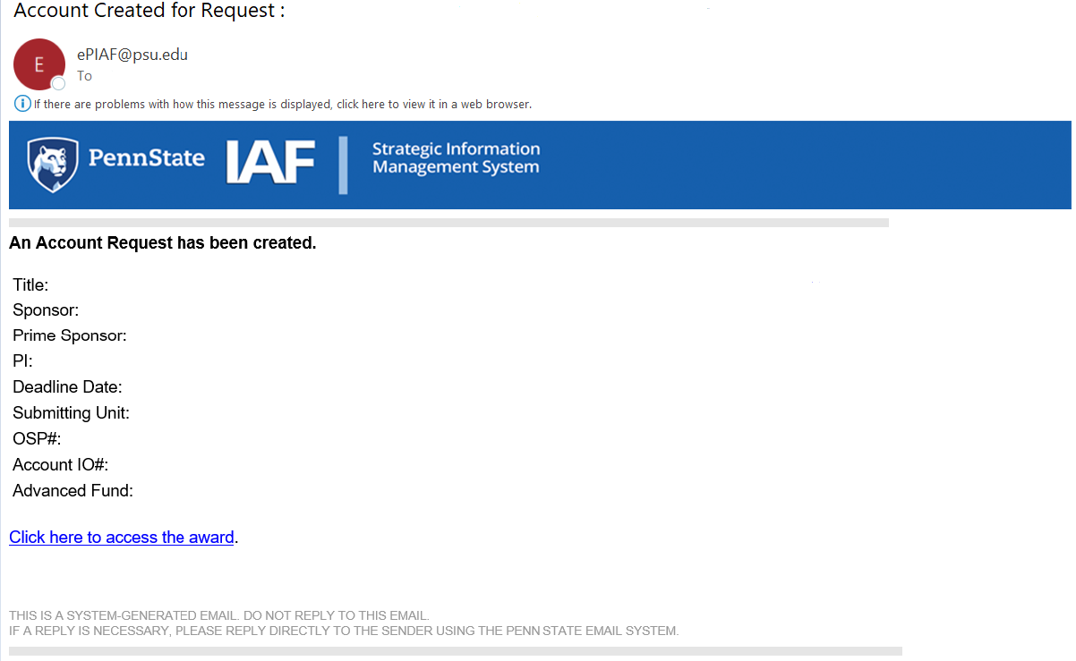 Account Request Creation Email