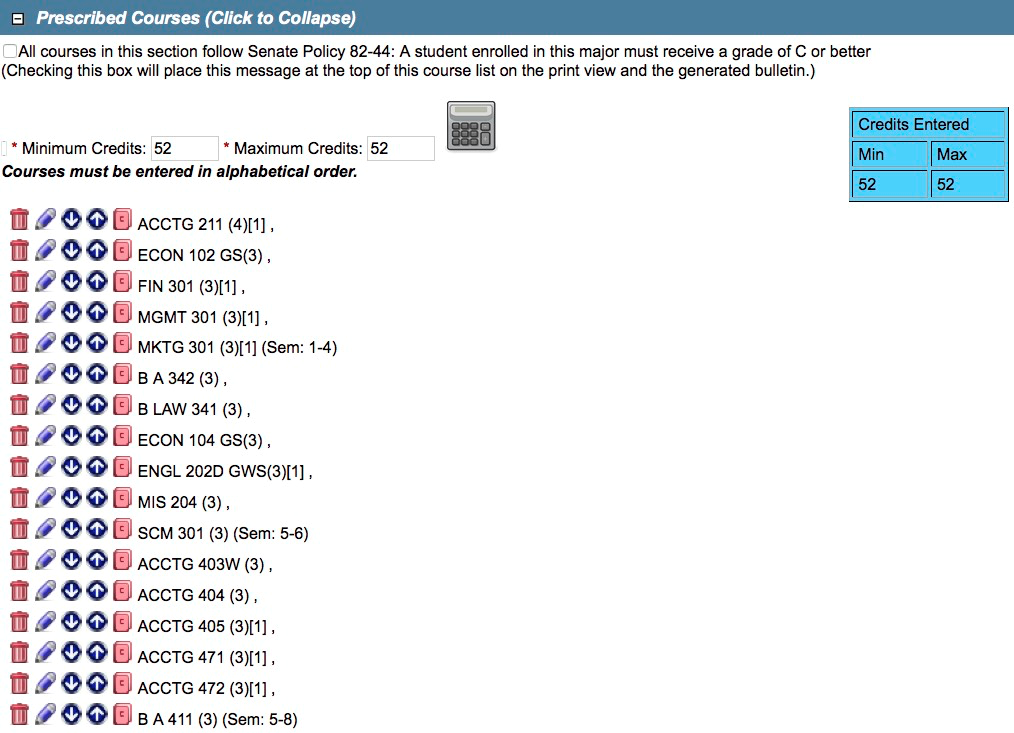 Screen capture of Prescribed Courses form with completed information.