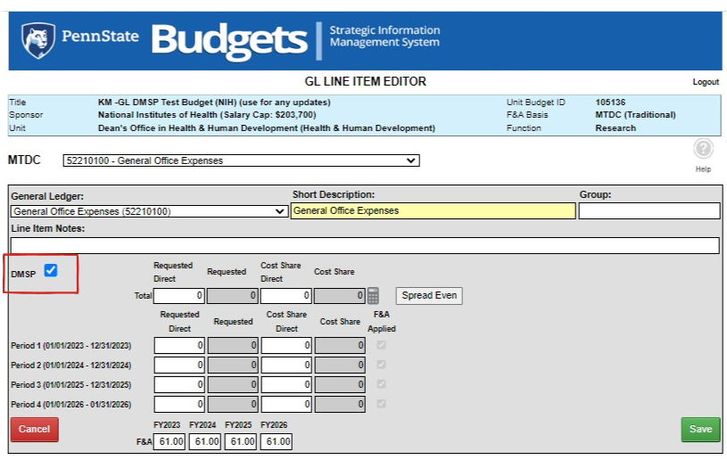DMSP checkbox checked on the MTDC GL line item editor view.