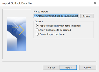 The radio options for importing files to Outlook. 