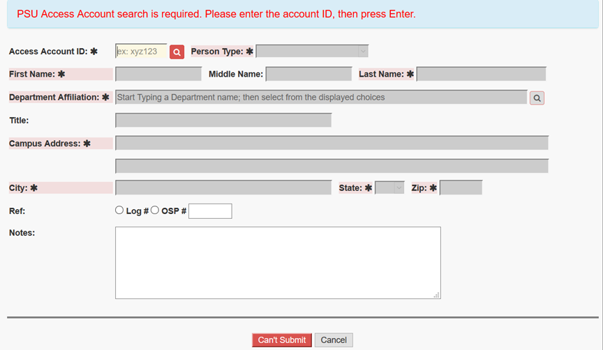Person Request form with access account ID lookup and required fields.