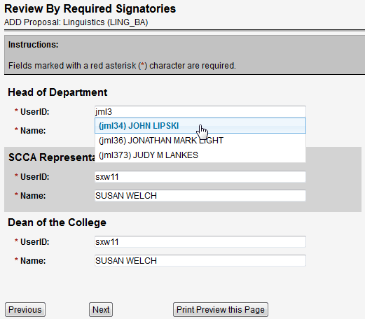 Screen capture of Review By Required Signatories screen.