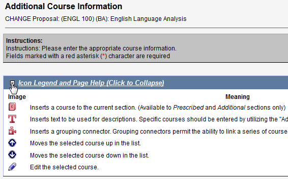 Screen capture of first portion of Additional Course Information screen.