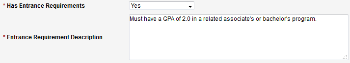 Screen capture of Has Entrance Requirements and Entrance Requirement Description fields.