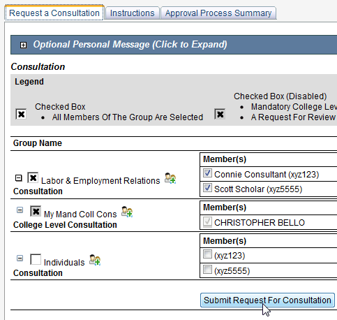 Screen capture of Consultation section of screen with a consultation group checked and Submit Request for Consultation button.