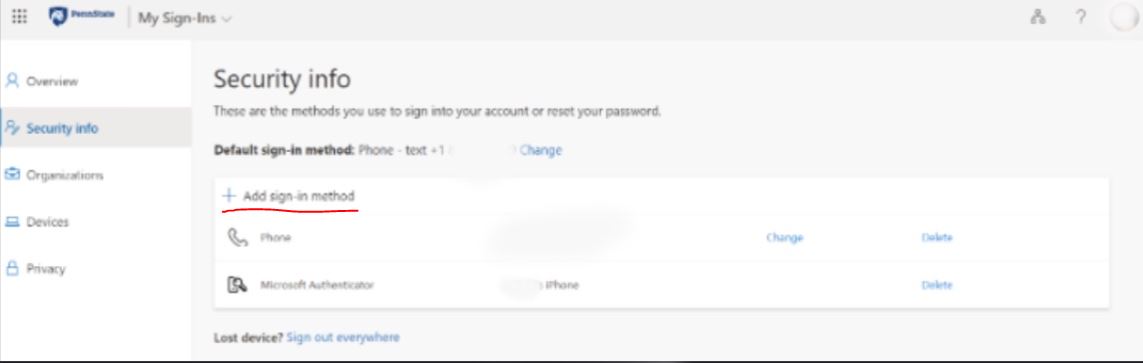 My sign-ins security info page. Displays enrolled devices 