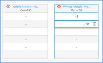Figure 1: Showing when an instructor enters a grade for a manually posted assignment, the Eye icon changes from the transparent grey to bright orange to show the assignment has been assigned grades but is not visible to a student.  