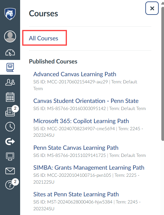 The All Courses link in Canvas.