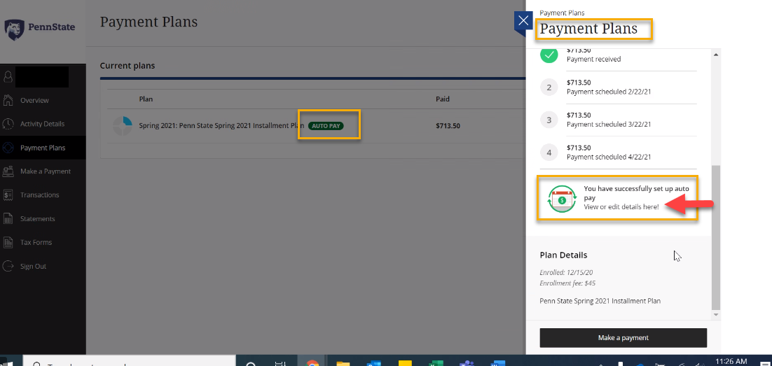 Screenshot of Payment Plans page showing Auto Pay