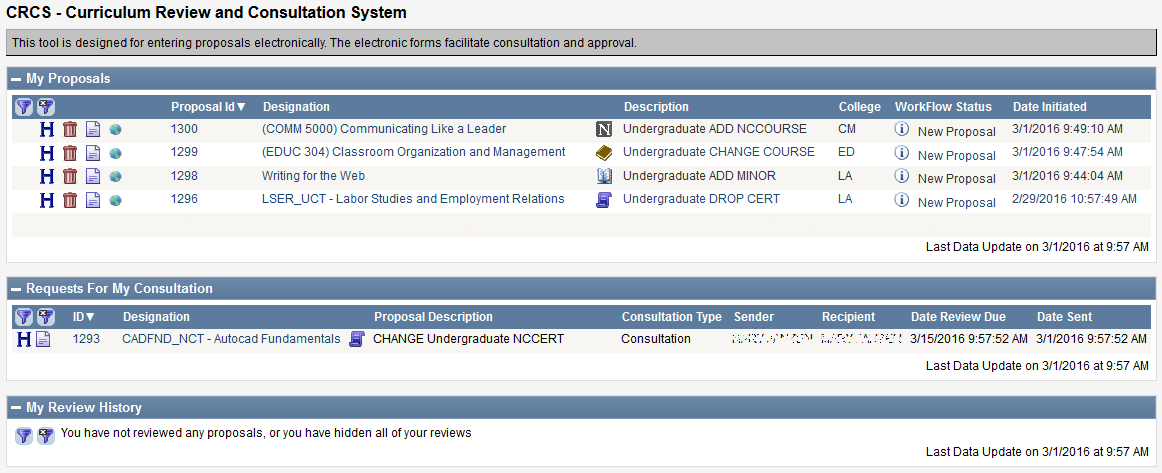Screen capture of Curriculum Review and Consultation System home page.