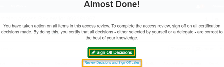 The sign-off access review screen.