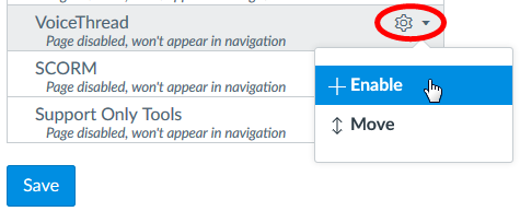 Screen capture of gear icon by VoiceThread clicked and Enable being selected from pull-down menu.
