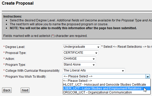 Screen capture of Create Proposal screen with undergraduate, certificate, change, stand alone, and liberal arts selected.