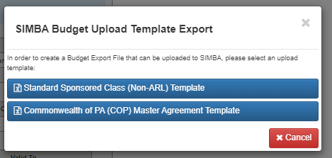 SIMBA Budget Upload Template Export message with options to use different templates.