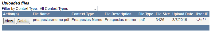 Screen capture of Uploaded files list in File Upload Tool section.